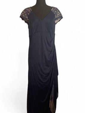 Xscape Navy Maxi Dress with Lace Cap Sleeves